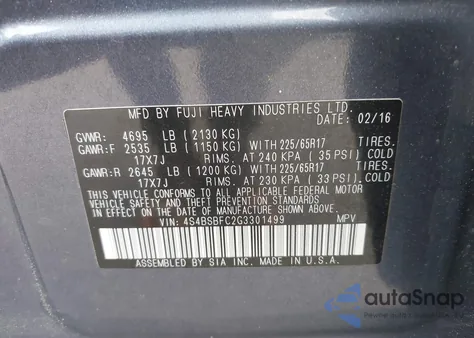 2016 Subaru Outback 2.5I Premium из США, поврежденный, VIN 4S4BSBFC2G3301499